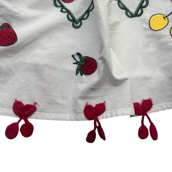 Vintage Skirt Medium Fruit Embroidered White Cotton Midi Cherry Tassles *Read - Picture 8 of 11